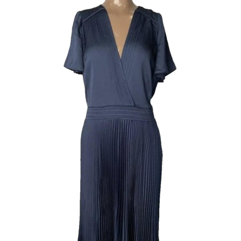 NEW BA&SH Womens Maxi Dress Marine Blue Size S Woopy Pleated V-Neck Navy